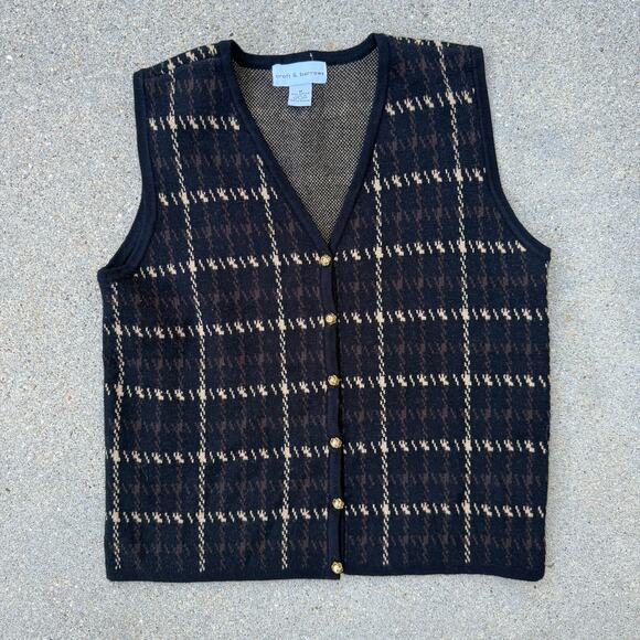 Y2K Croft & Barrow Houndstooth Dark Moody Black Gold Plaid Sweater Vest MEDIUM - Picture 1 of 7